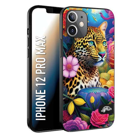 CUSTOMIZZA - Custodia cover nera morbida in tpu compatibile per iPhone 12 PRO MAX fiori astratti donna flower fantasia leopardo ghepardo animali colorati