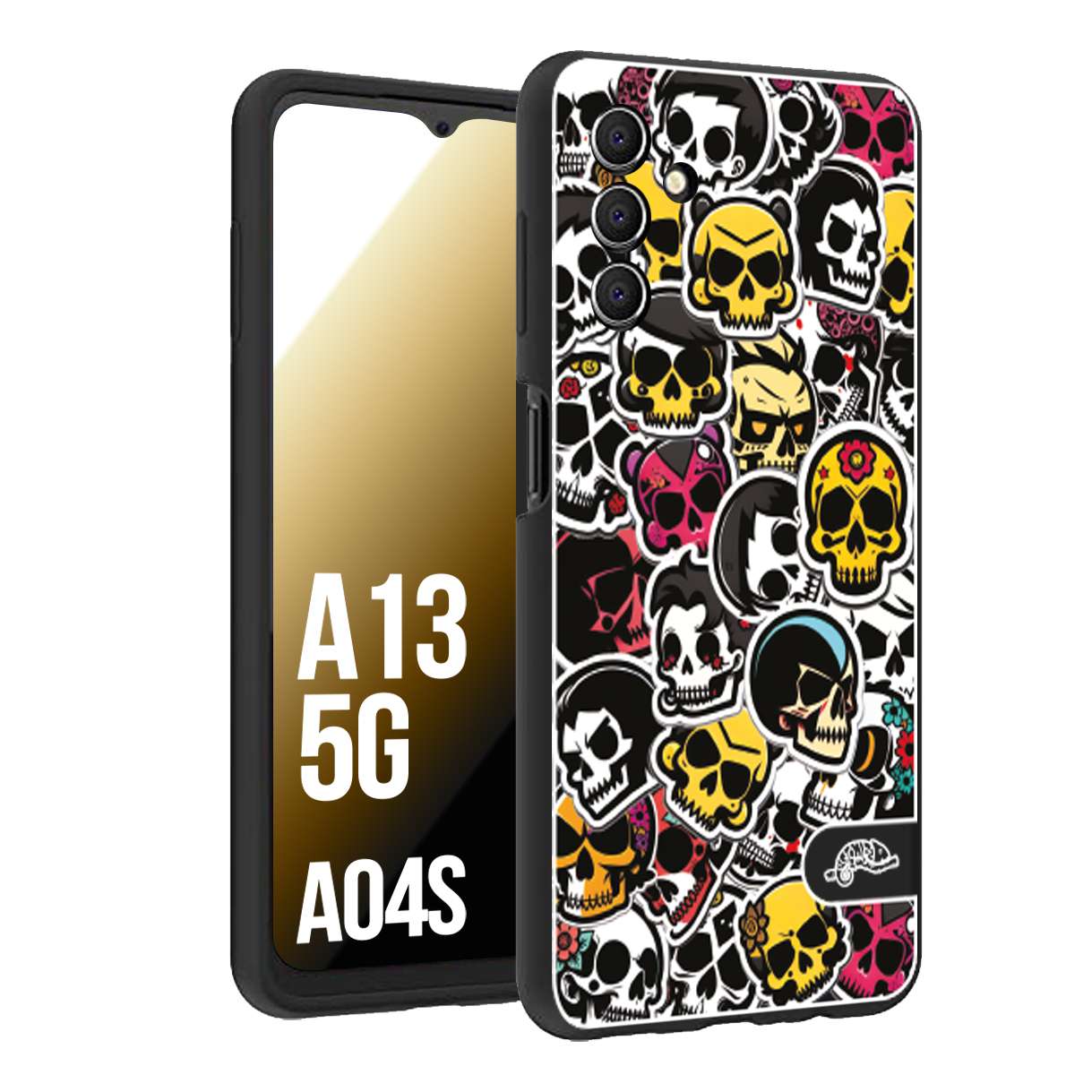 CUSTOMIZZA - Custodia cover nera morbida in tpu compatibile per Samsung A04S - A13 5G sticker bomb teschi colorati adesivi skulls skater snowboard