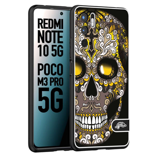 CUSTOMIZZA - Custodia cover nera morbida in tpu compatibile per Xiaomi Redmi Note 10 5G - Poco M3 Pro 5G teschio messicano Mexican skull nero giallo