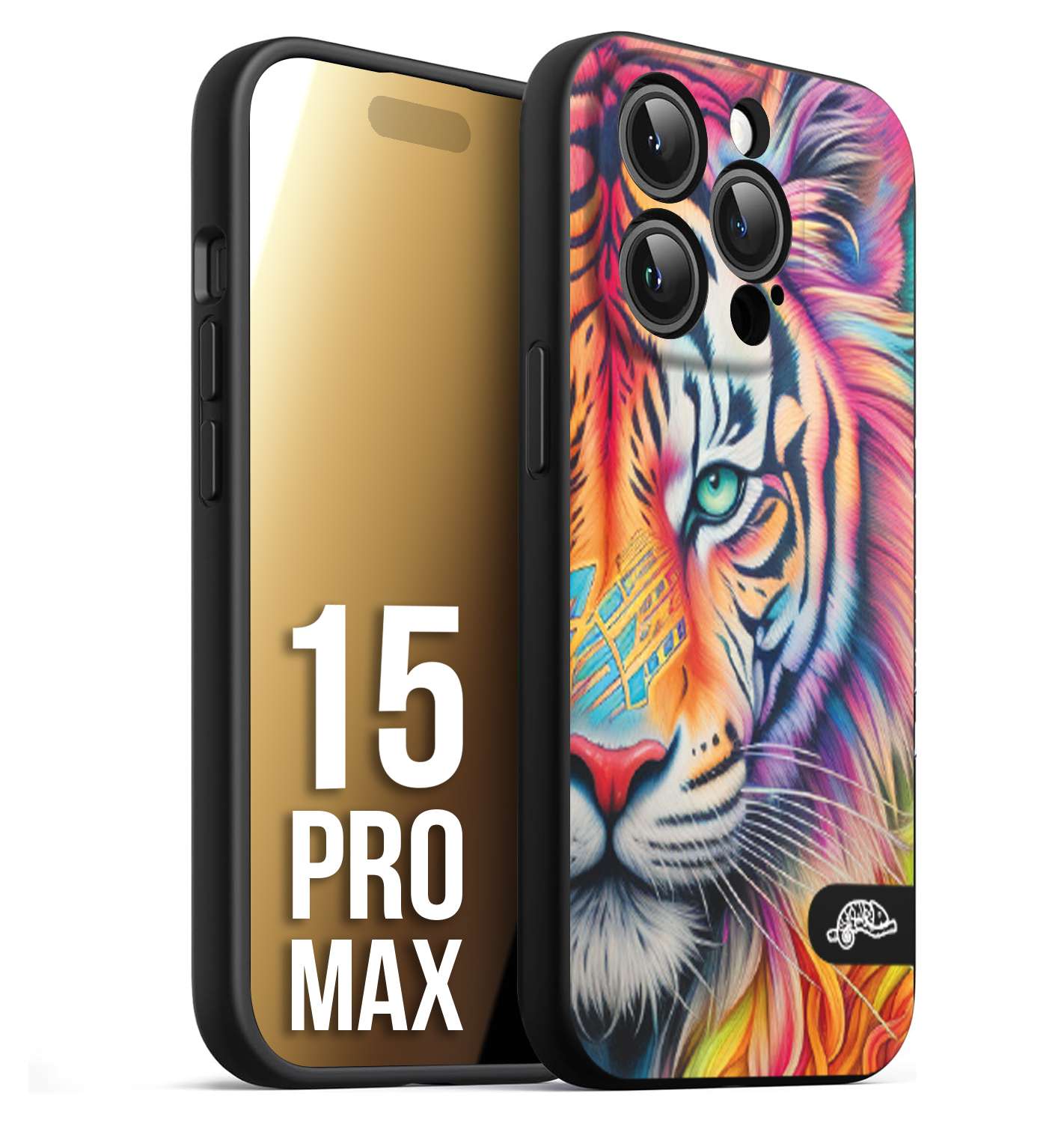 CUSTOMIZZA - Custodia cover nera morbida in tpu compatibile per iPhone 15 PRO MAX animali color tigre tiger viso colori vibranti disegnato schizzo