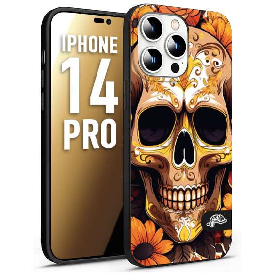 CUSTOMIZZA - Custodia cover nera morbida in tpu compatibile per iPhone 14 PRO teschio messicano colorato dorato fiori tattoo disegnato