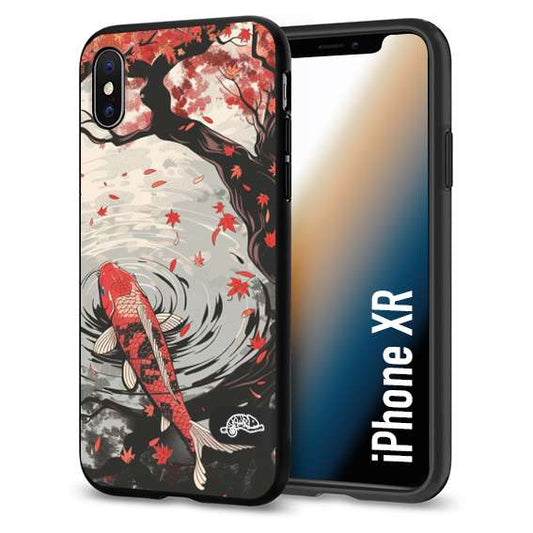 CUSTOMIZZA - Custodia cover nera morbida in tpu compatibile per iPhone Xr giapponese lago carpa koi rossa con foglie d'acero rosso disegnata tattoo