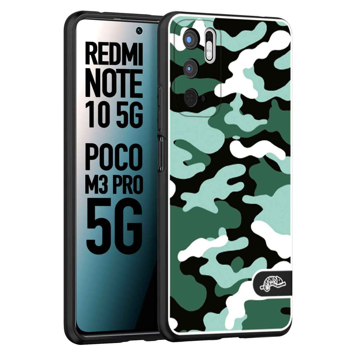 CUSTOMIZZA - Custodia cover nera morbida in tpu compatibile per Xiaomi Redmi Note 10 5G - Poco M3 Pro 5G camouflage mimetico militare verde green