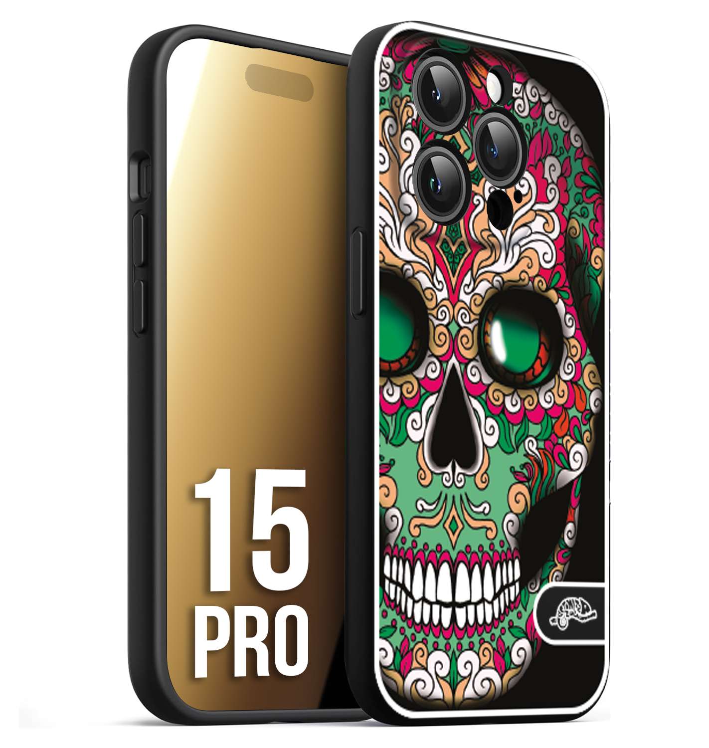 CUSTOMIZZA - Custodia cover nera morbida in tpu compatibile per iPhone 15 PRO teschio messicano Mexican skull verde fucsia