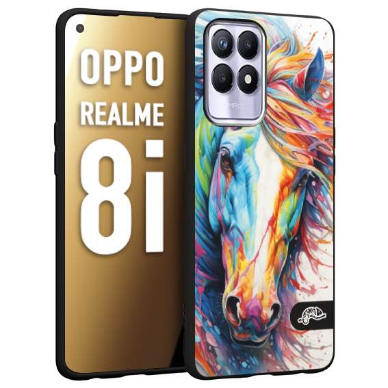 CUSTOMIZZA - Custodia cover nera morbida in tpu compatibile per Oppo Realme 8i animali color cavallo horse viso colori vibranti disegnato schizzo