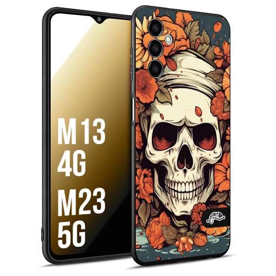 CUSTOMIZZA - Custodia cover nera morbida in tpu compatibile per Samsung M13 4G - M23 5G teschio skull flowers fiori tattoo disegnato alta definizione