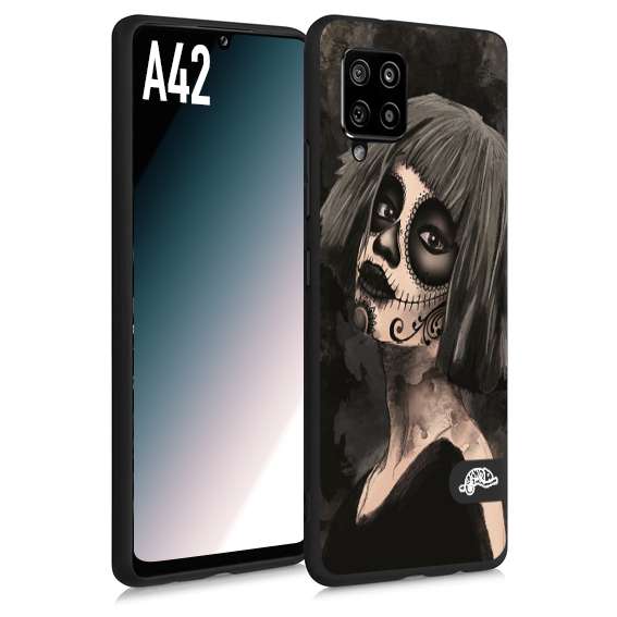 CUSTOMIZZA - Custodia cover nera morbida in tpu compatibile per Samsung A42 chicana messicana dea de la muerte donna santa tattoo disegnata