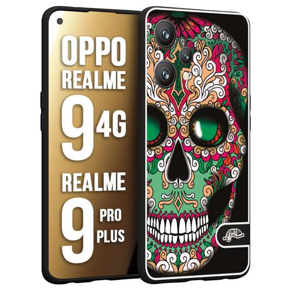 CUSTOMIZZA - Custodia cover nera morbida in tpu compatibile per Oppo Realme 9 4G - 9 PRO PLUS teschio messicano Mexican skull verde fucsia