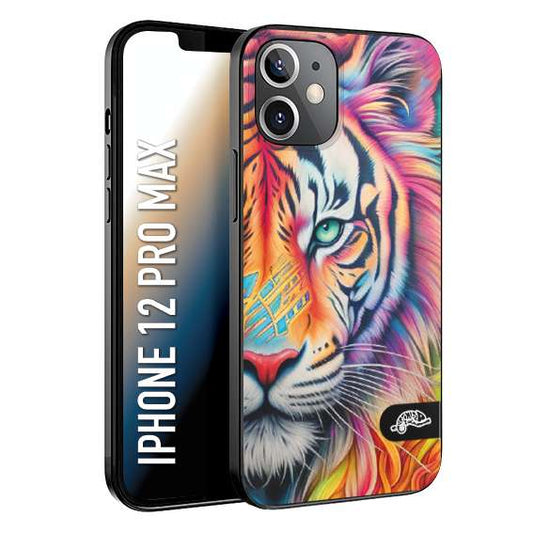 CUSTOMIZZA - Custodia cover nera morbida in tpu compatibile per iPhone 12 PRO MAX animali color tigre tiger viso colori vibranti disegnato schizzo