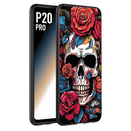 CUSTOMIZZA - Custodia cover nera morbida in tpu compatibile per Huawei P20 PRO teschio skull flowers fiori rose rosse tattoo disegnato