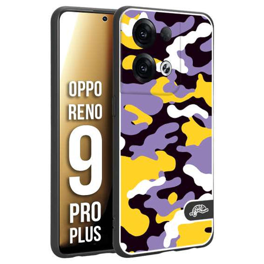 CUSTOMIZZA - Custodia cover nera morbida in tpu compatibile per Oppo Reno 9 PRO PLUS camouflage mimetico militare viola lilla giallo