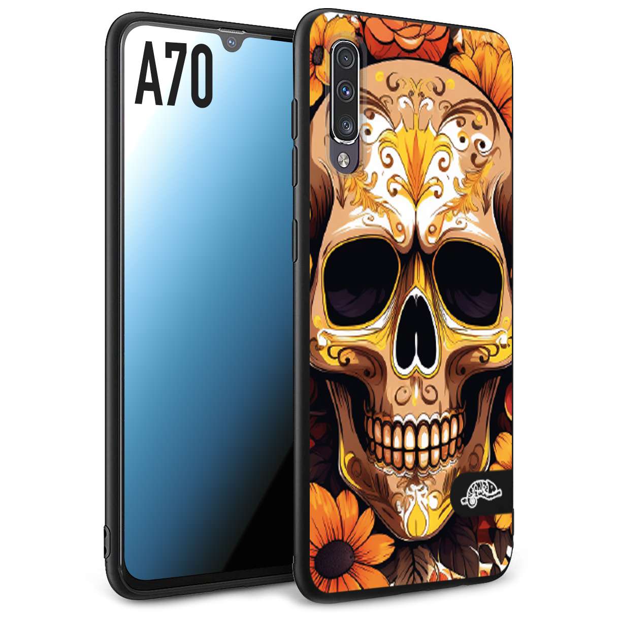 CUSTOMIZZA - Custodia cover nera morbida in tpu compatibile per Samsung A70 teschio messicano colorato dorato fiori tattoo disegnato