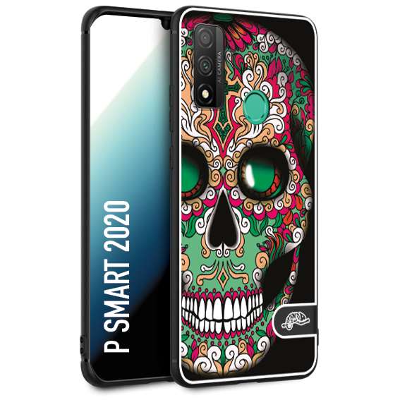 CUSTOMIZZA - Custodia cover nera morbida in tpu compatibile per Huawei P Smart 2020 teschio messicano Mexican skull verde fucsia