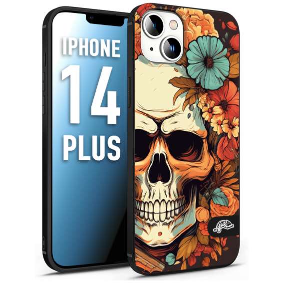 CUSTOMIZZA - Custodia cover nera morbida in tpu compatibile per iPhone 14 PLUS teschio skull flowers fiori autunnali arancio celeste tattoo