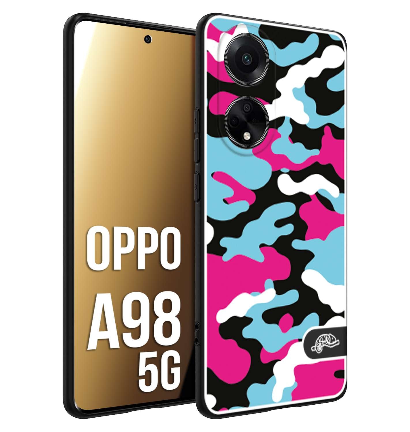 CUSTOMIZZA - Custodia cover nera morbida in tpu compatibile per Oppo A98 5G camouflage mimetico militare fucsia celeste