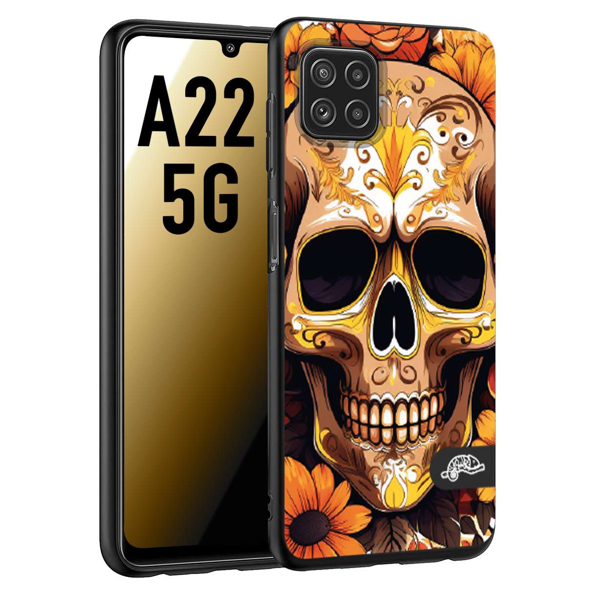 CUSTOMIZZA - Custodia cover nera morbida in tpu compatibile per Samsung A22 5G teschio messicano colorato dorato fiori tattoo disegnato