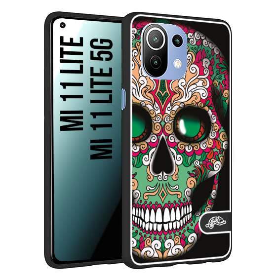 CUSTOMIZZA - Custodia cover nera morbida in tpu compatibile per Xiaomi Mi 11 Lite / Mi 11 Lite 5G teschio messicano Mexican skull verde fucsia