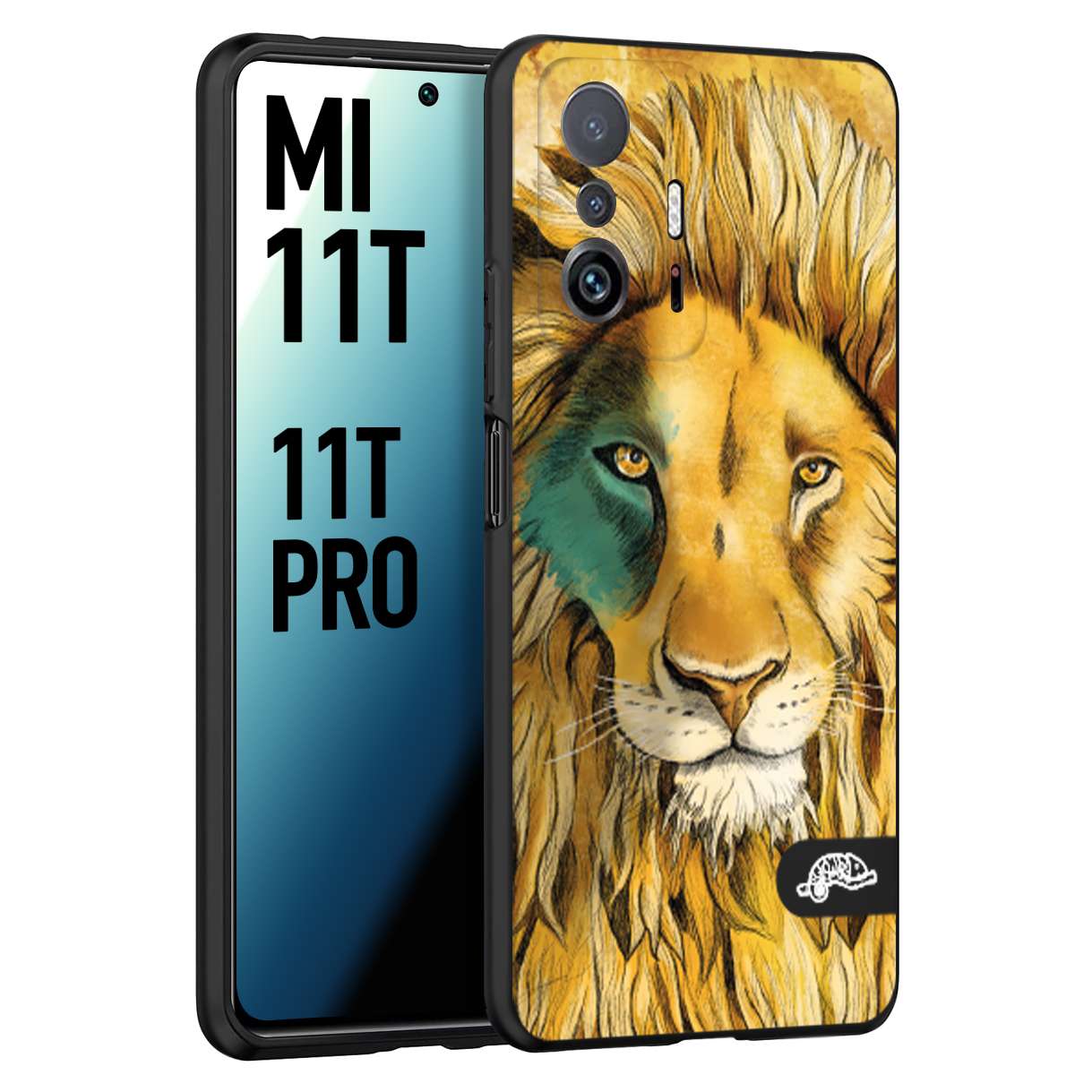 CUSTOMIZZA - Custodia cover nera morbida in tpu compatibile per Xiaomi Mi 11T - Mi 11T PRO leone lion disegnato a mano giallo blu a rilievo artistico brown