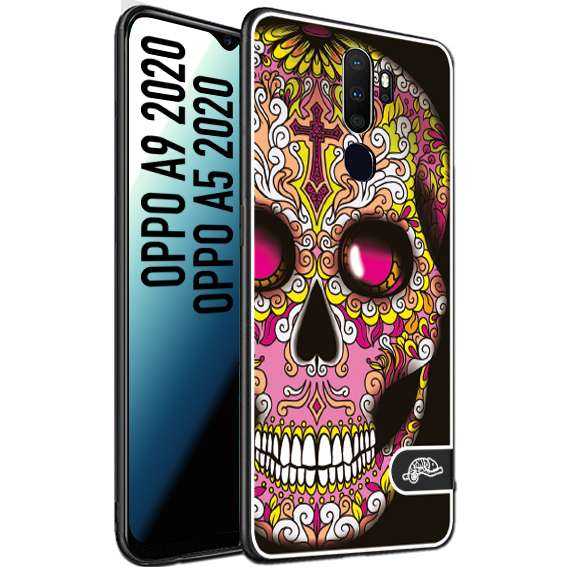 CUSTOMIZZA - Custodia cover nera morbida in tpu compatibile per Oppo A9 2020 - A5 2020 teschio messicano Mexican skull rosa gialla