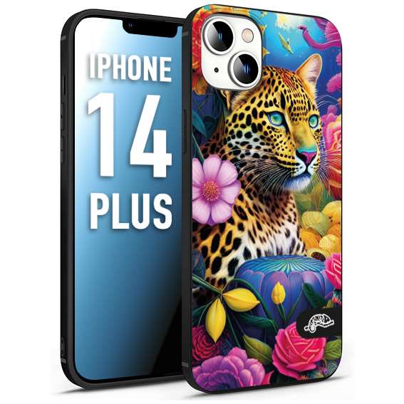 CUSTOMIZZA - Custodia cover nera morbida in tpu compatibile per iPhone 14 PLUS fiori astratti donna flower fantasia leopardo ghepardo animali colorati