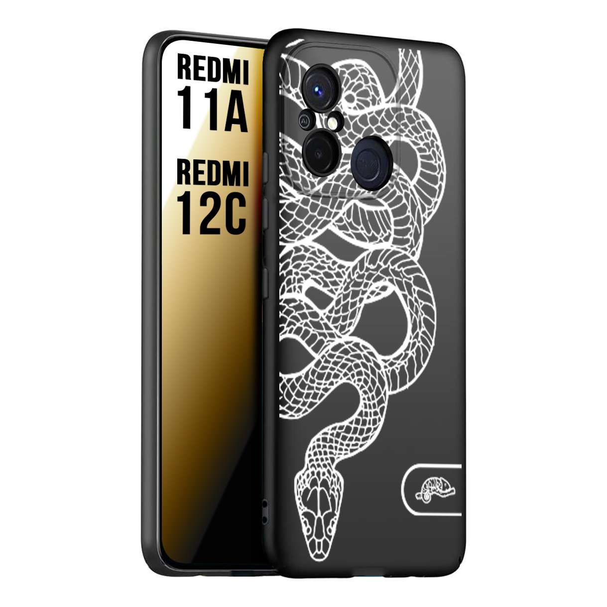 CUSTOMIZZA - Custodia cover nera morbida in tpu compatibile per Xiaomi Redmi 11A - 12C serpente snake bianco a rilievo disegnato tattoo tatuaggio