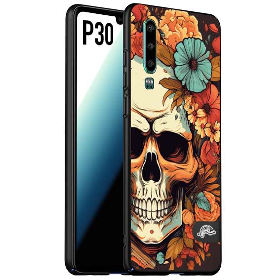 CUSTOMIZZA - Custodia cover nera morbida in tpu compatibile per Huawei P30 teschio skull flowers fiori autunnali arancio celeste tattoo