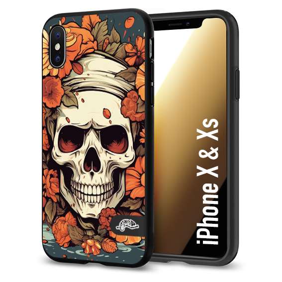 CUSTOMIZZA - Custodia cover nera morbida in tpu compatibile per iPhone X - Xs teschio skull flowers fiori tattoo disegnato alta definizione