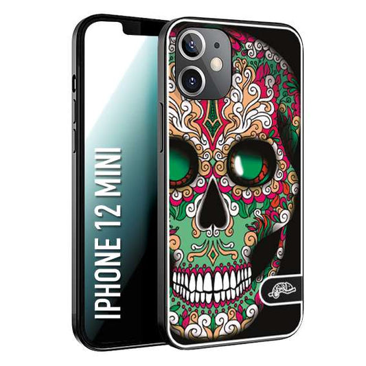 CUSTOMIZZA - Custodia cover nera morbida in tpu compatibile per iPhone 12 MINI teschio messicano Mexican skull verde fucsia