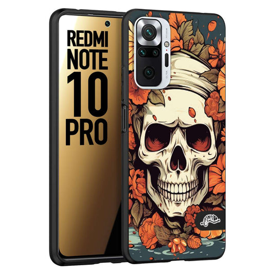 CUSTOMIZZA - Custodia cover nera morbida in tpu compatibile per Xiaomi Redmi Note 10 PRO teschio skull flowers fiori tattoo disegnato alta definizione