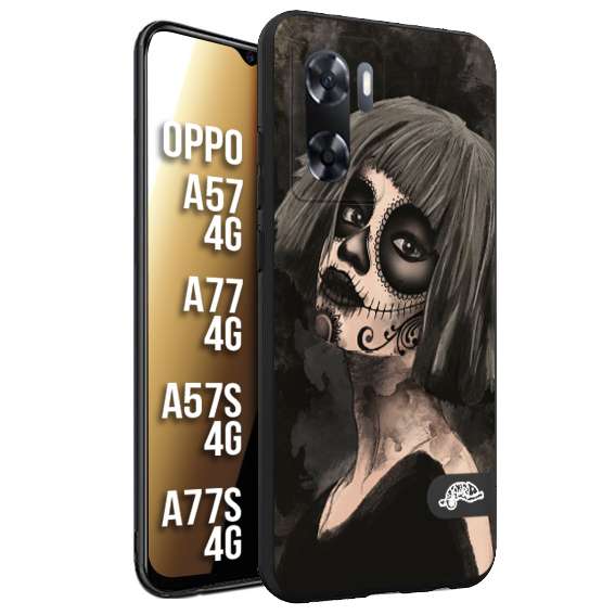 CUSTOMIZZA - Custodia cover nera morbida in tpu compatibile per Oppo A57 - A77 - A57S - A77S (4G) chicana messicana dea de la muerte donna santa tattoo disegnata