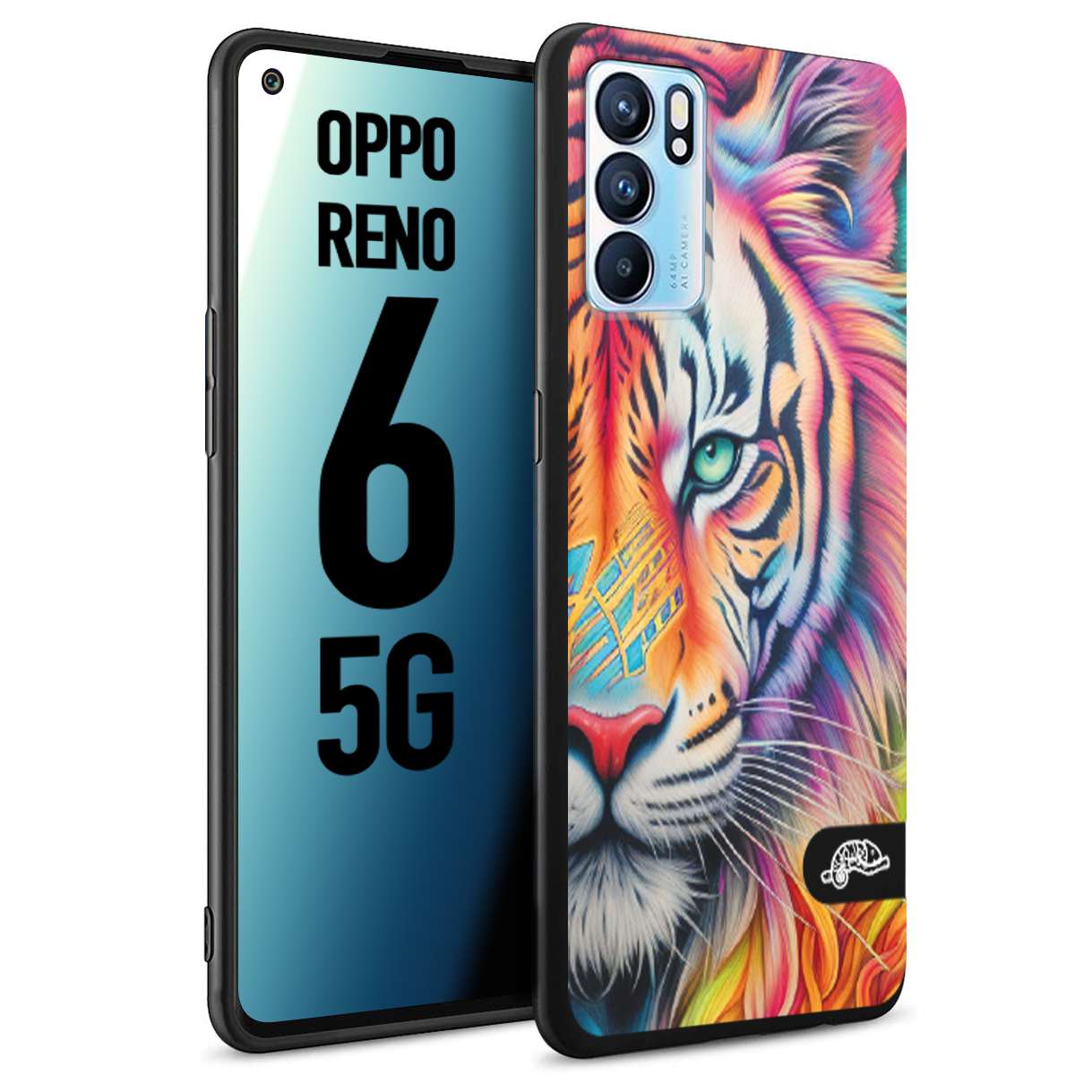 CUSTOMIZZA - Custodia cover nera morbida in tpu compatibile per Oppo Reno 6 5G animali color tigre tiger viso colori vibranti disegnato schizzo