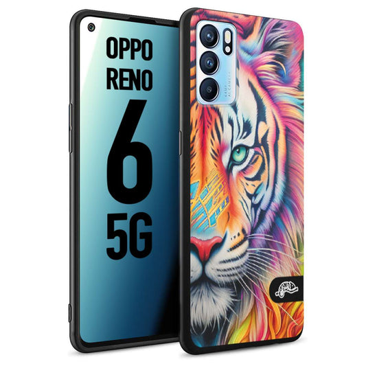 CUSTOMIZZA - Custodia cover nera morbida in tpu compatibile per Oppo Reno 6 5G animali color tigre tiger viso colori vibranti disegnato schizzo