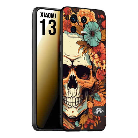 CUSTOMIZZA - Custodia cover nera morbida in tpu compatibile per Xiaomi 13 teschio skull flowers fiori autunnali arancio celeste tattoo