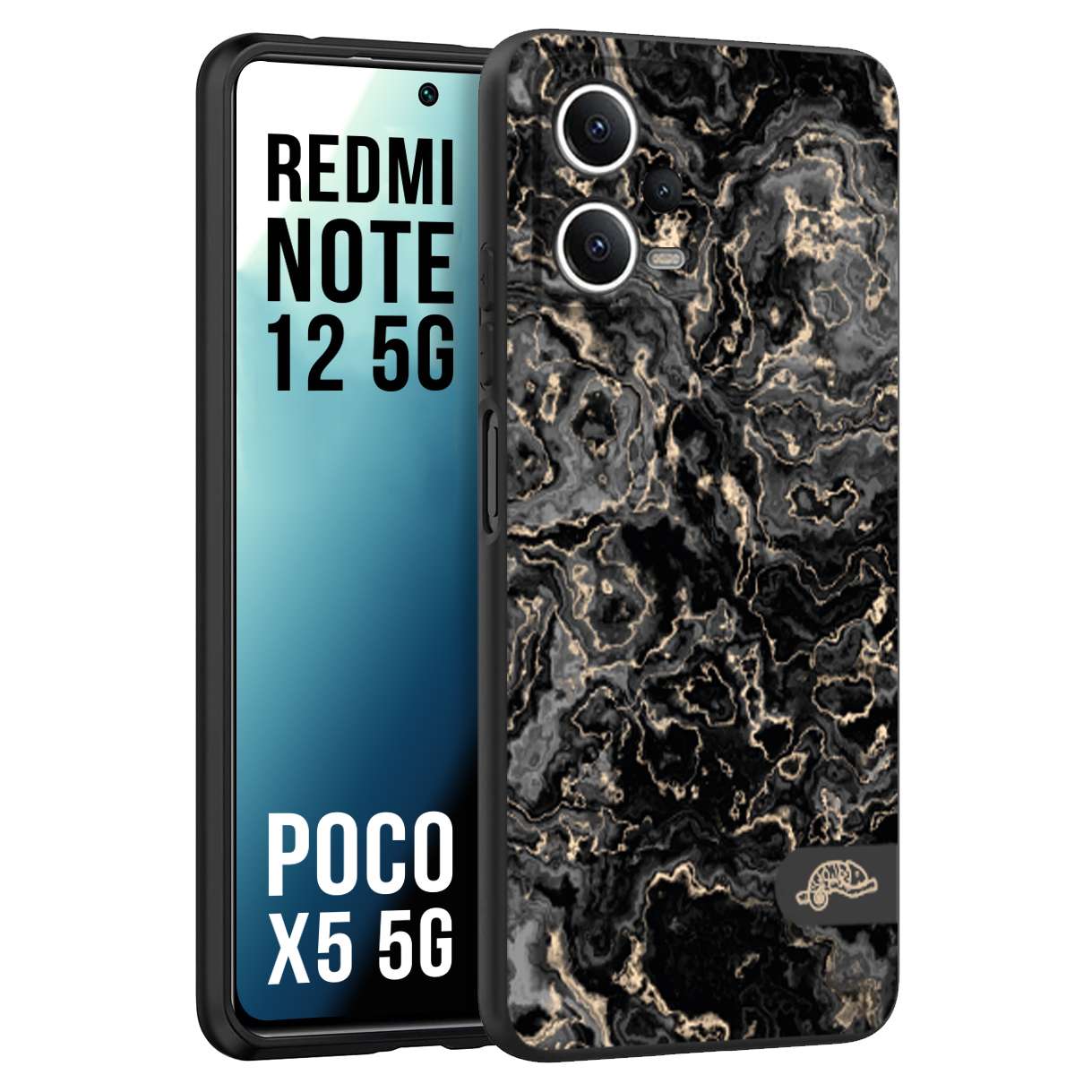 CUSTOMIZZA - Custodia cover nera morbida in tpu compatibile per Xiaomi Redmi Note 12 - POCO X5 5G effetto marmo marble nero black venature dorato pietra