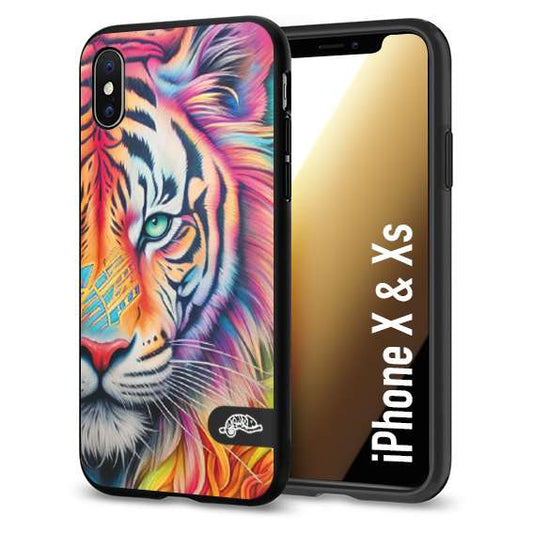 CUSTOMIZZA - Custodia cover nera morbida in tpu compatibile per iPhone X - Xs animali color tigre tiger viso colori vibranti disegnato schizzo