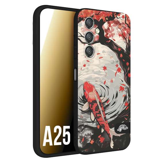 CUSTOMIZZA - Custodia cover nera morbida in tpu compatibile per Samsung A25 giapponese lago carpa koi rossa con foglie d'acero rosso disegnata tattoo