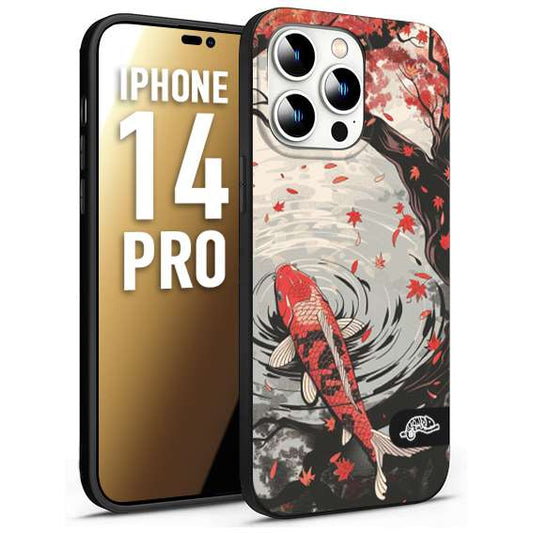 CUSTOMIZZA - Custodia cover nera morbida in tpu compatibile per iPhone 14 PRO giapponese lago carpa koi rossa con foglie d'acero rosso disegnata tattoo