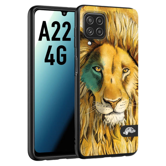 CUSTOMIZZA - Custodia cover nera morbida in tpu compatibile per Samsung A22 4G leone lion disegnato a mano giallo blu a rilievo artistico brown