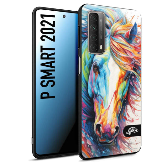 CUSTOMIZZA - Custodia cover nera morbida in tpu compatibile per Huawei P Smart 2021 animali color cavallo horse viso colori vibranti disegnato schizzo