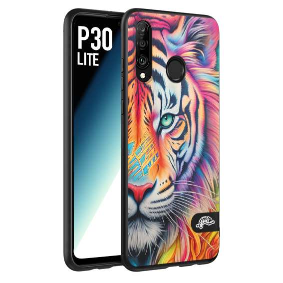 CUSTOMIZZA - Custodia cover nera morbida in tpu compatibile per Huawei P30 LITE animali color tigre tiger viso colori vibranti disegnato schizzo