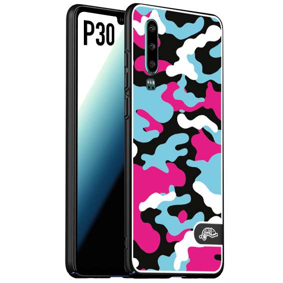 CUSTOMIZZA - Custodia cover nera morbida in tpu compatibile per Huawei P30 camouflage mimetico militare fucsia celeste