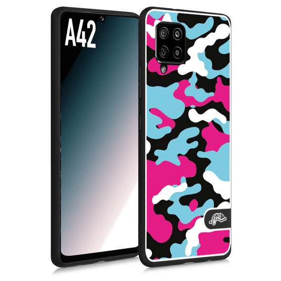 CUSTOMIZZA - Custodia cover nera morbida in tpu compatibile per Samsung A42 camouflage mimetico militare fucsia celeste