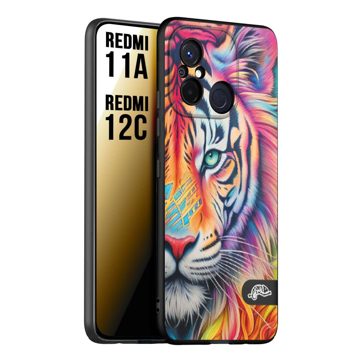 CUSTOMIZZA - Custodia cover nera morbida in tpu compatibile per Xiaomi Redmi 11A - 12C animali color tigre tiger viso colori vibranti disegnato schizzo