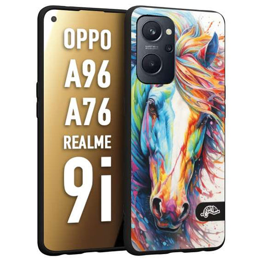 CUSTOMIZZA - Custodia cover nera morbida in tpu compatibile per Oppo Realme 9i - A96 - A76 animali color cavallo horse viso colori vibranti disegnato schizzo