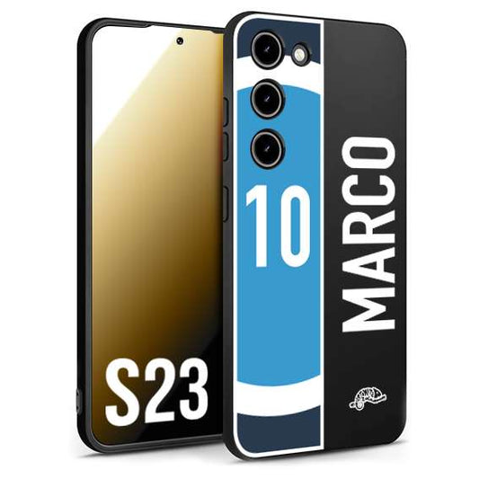 CUSTOMIZZA - Custodia cover nera morbida in tpu compatibile per Samsung S23 personalizzata calcio football nome e numero calciatori biancoazzurri bianco celesti