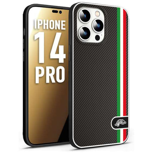 CUSTOMIZZA - Custodia cover nera morbida in tpu compatibile per iPhone 14 PRO effetto fibra di carbonio bandiera Italia made in Italy