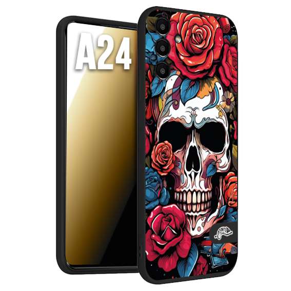 CUSTOMIZZA - Custodia cover nera morbida in tpu compatibile per Samsung A24 teschio skull flowers fiori rose rosse tattoo disegnato