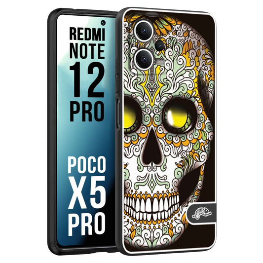 CUSTOMIZZA - Custodia cover nera morbida in tpu compatibile per Xiaomi Redmi Note 12 PRO - POCO X5 PRO teschio messicano Mexican skull bianco verde giallo