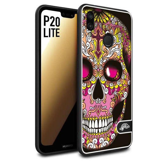 CUSTOMIZZA - Custodia cover nera morbida in tpu compatibile per Huawei P20 LITE teschio messicano Mexican skull rosa gialla