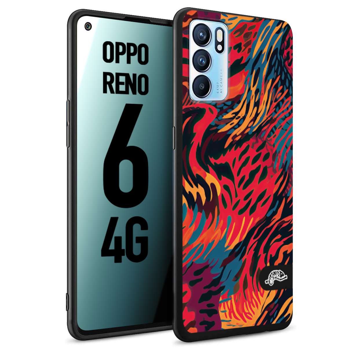 CUSTOMIZZA - Custodia cover nera morbida in tpu compatibile per Oppo Reno 6 4G leopardato maculato tigrato colorata fiamme rossa blu arancione